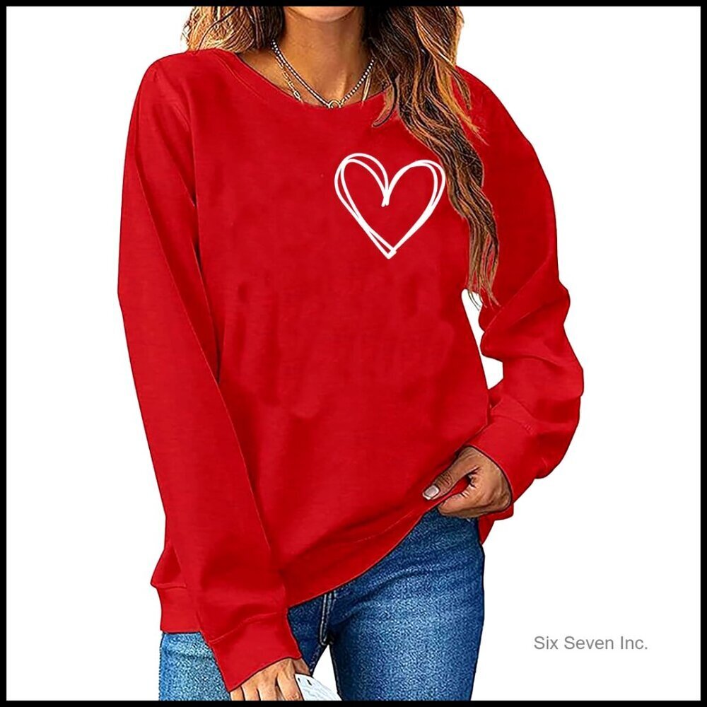 Long Sleeve Valentine Heart Sweatshirt Casual Loose Fit Crewneck Pullover Top